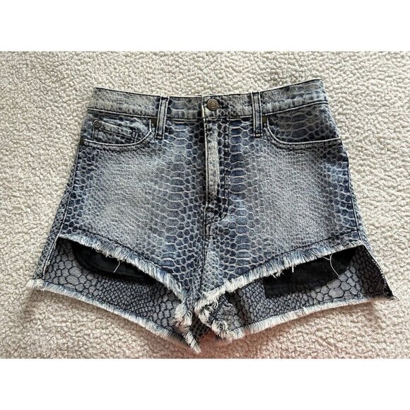 Pistola High Waist Raw Hem Croc Skin Pattern Blue Denim Shorts Size M - Picture 1 of 8